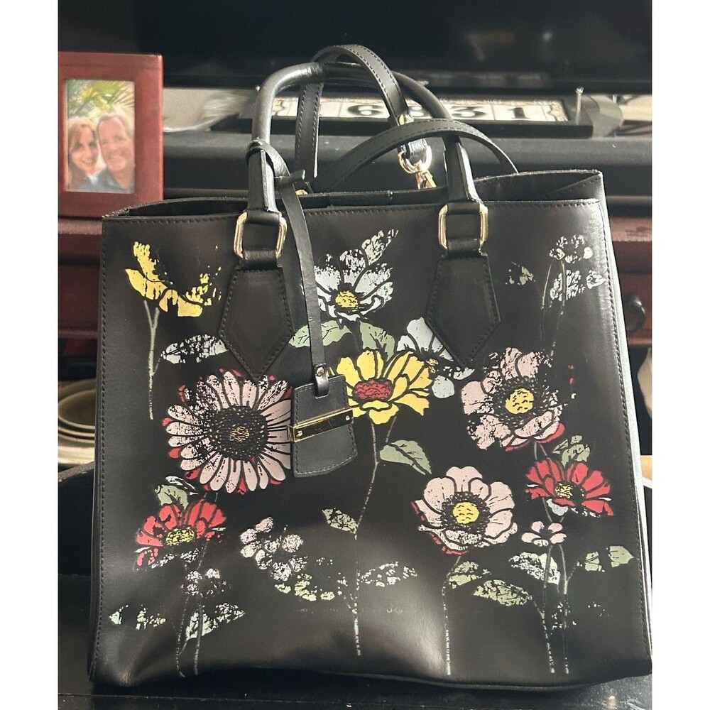 A Bellucci Leather Structured Tote Black Floral Scrollwork Handbag Boho Italy